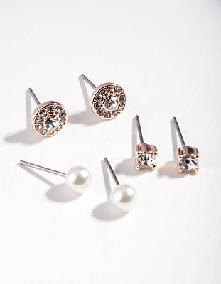 Rose Gold Diamante Pearl Stud Earrings