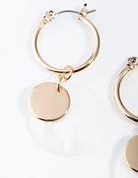 Gold Shell Disc Hoop Earrings