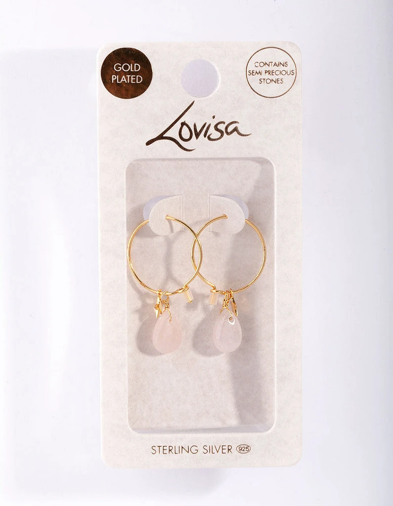 Gold Plated Sterling Silver Rose Quartz Celestial Charm Hoop Earrings