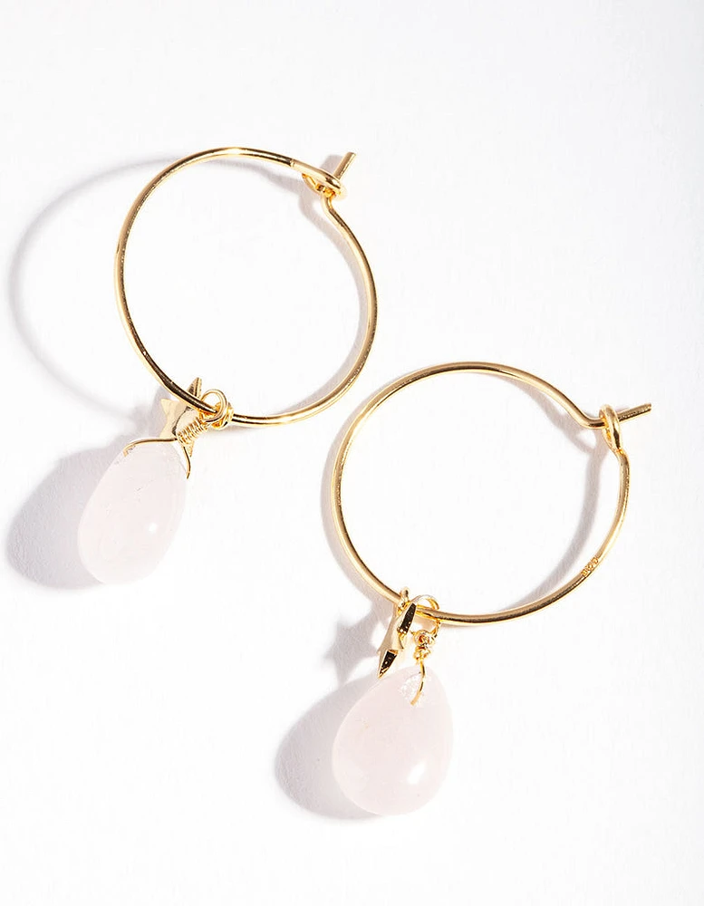 Gold Plated Sterling Silver Rose Quartz Celestial Charm Hoop Earrings