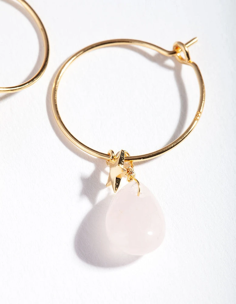 Gold Plated Sterling Silver Rose Quartz Celestial Charm Hoop Earrings