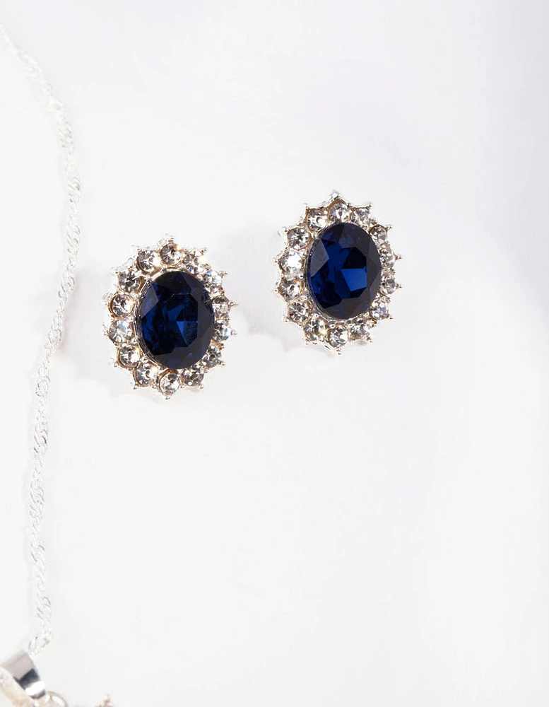 Silver Oval Blue Gem Jewellery Set