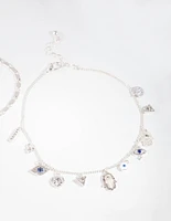 Silver Evil Eye Charm Anklet Set