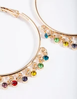 Gold Hoop Rainbow Diamante Charm Earrings