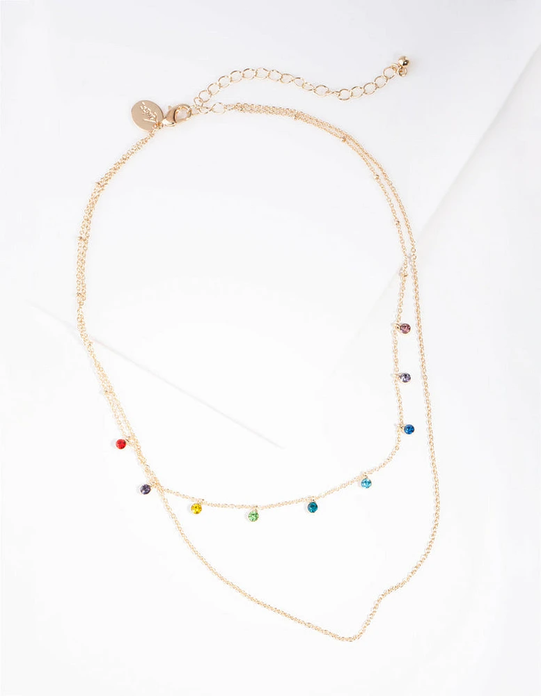 Gold Mini Rainbow Diamante Layered Necklace