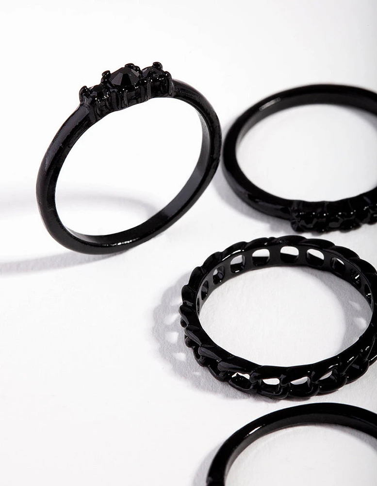 Black Diamante & Chain Ring 5-Pack