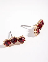 Gold Triple Red Stone Stud Earrings