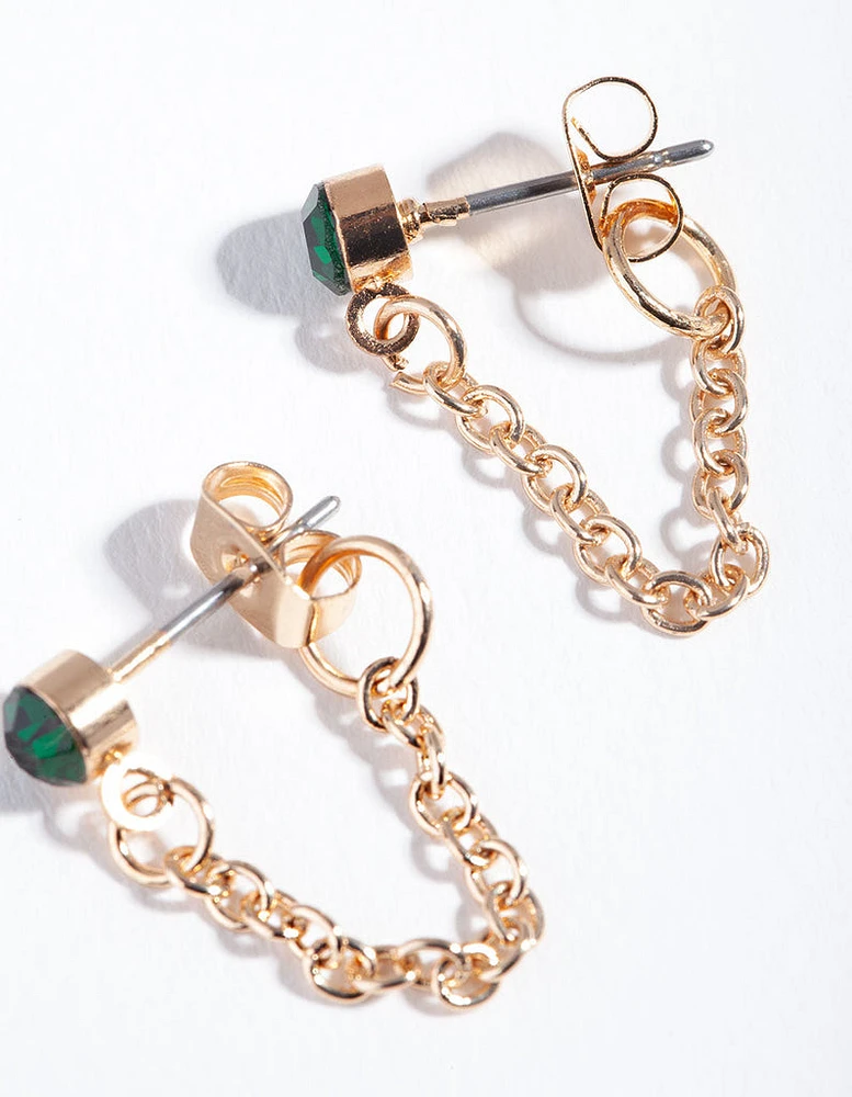 Gold Green Stone Chain Stud Earrings