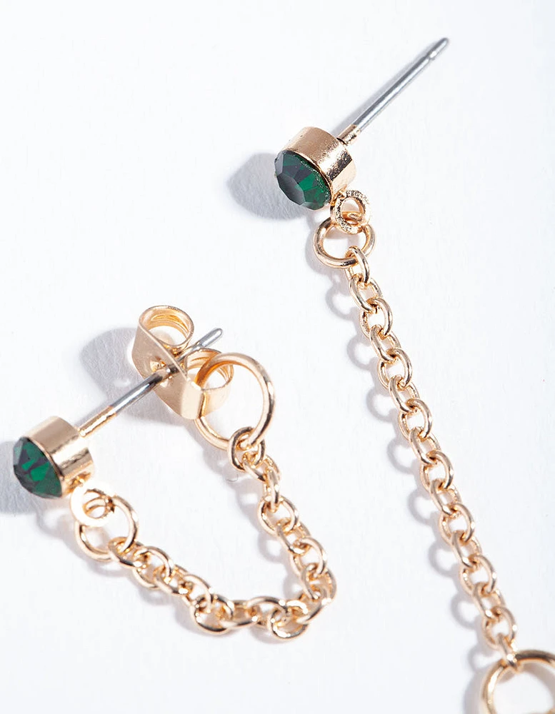 Gold Green Stone Chain Stud Earrings