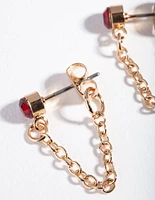 Gold Red Stone Chain Stud Earrings