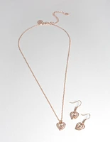 Rose Gold Heart Earring & Necklace Set