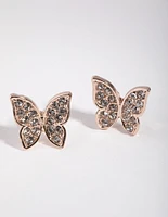 Rose Gold Diamante Butterfly Stud Earrings