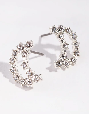 Silver Diamante Crescent Moon Stud Earrings