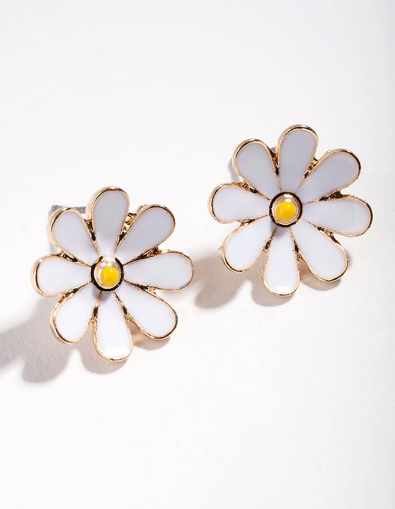 Gold Enamel Daisy Stud Earrings