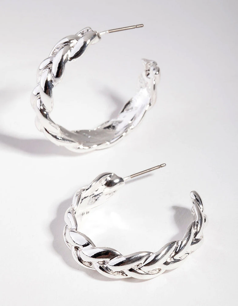 Silver Plaited Medium Hoop Earrings