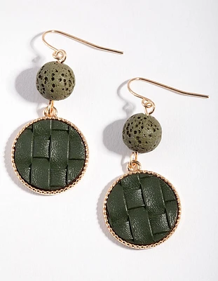 Gold Green Woven Disc Drop Earrings