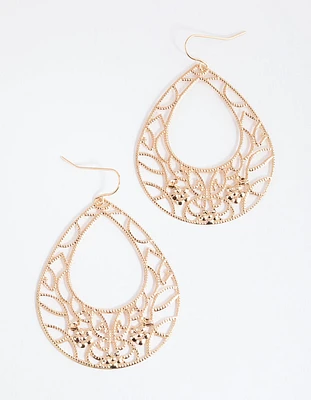 Gold Intricate Oval Drop Earrings