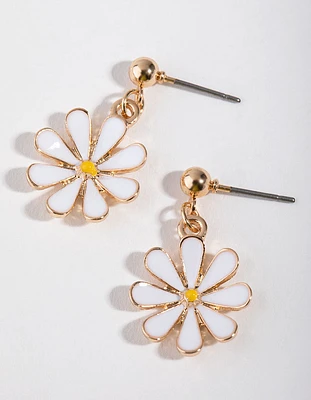 Gold Enamel Daisy Drop Earrings
