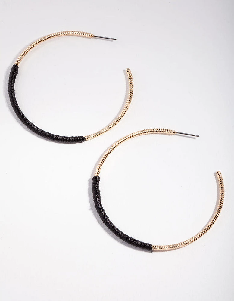 Gold Black Half Thread Wrapped Hoop Earrings