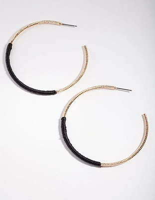 Gold Black Half Thread Wrapped Hoop Earrings