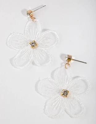Gold & White Fabric Flower Drop Earrings