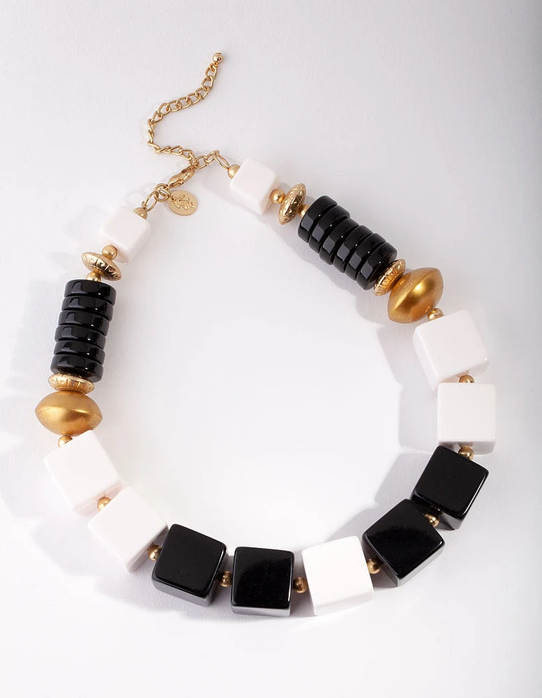 Black & Gold Statement Square Bead Necklace