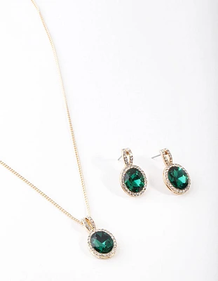 Gold Green Halo Necklace & Earrings Set