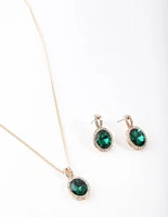 Gold Green Halo Necklace & Earrings Set