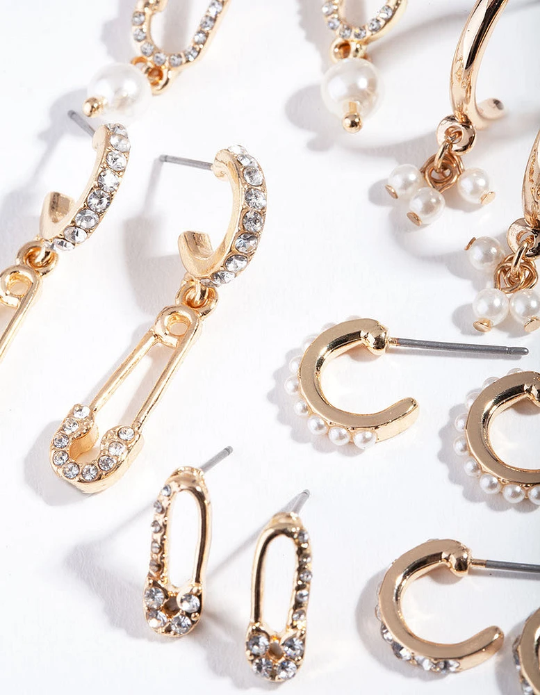 Gold Diamante Safety Pin Earring Pack