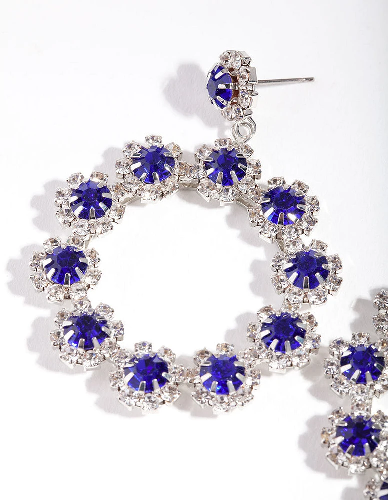 Rhodium Blue Diamante Flower Circle Drop Earrings