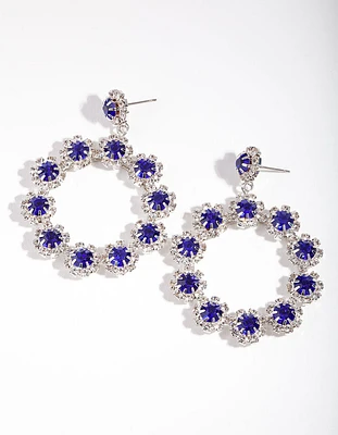 Rhodium Blue Diamante Flower Circle Drop Earrings