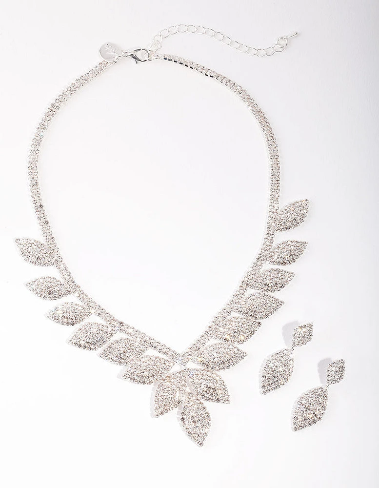 Silver Single Leaf Diamante Earrings & Necklace Set