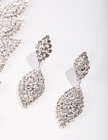 Silver Single Leaf Diamante Earrings & Necklace Set