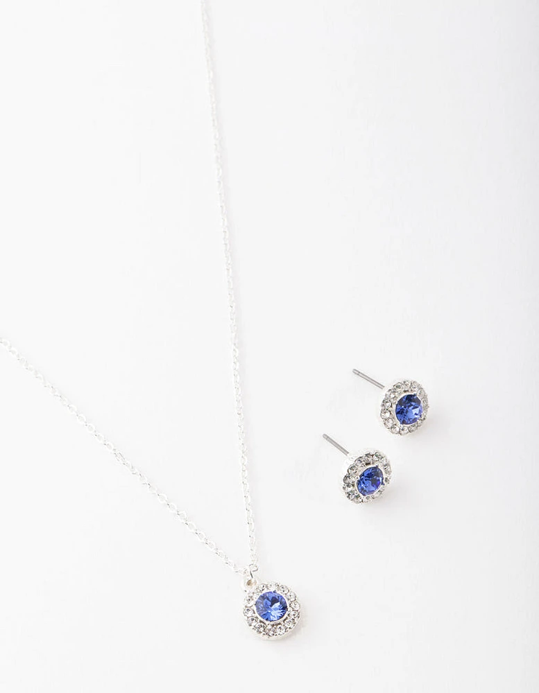 Silver Sapphire Diamante Circle Necklace & Earrings