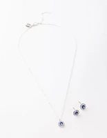 Silver Sapphire Diamante Circle Necklace & Earrings