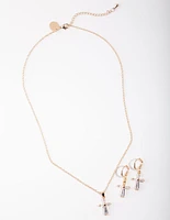 Gold Cross Necklace & Earrings