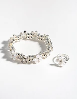 Kids Silver Flower Bracelet & Ring Set