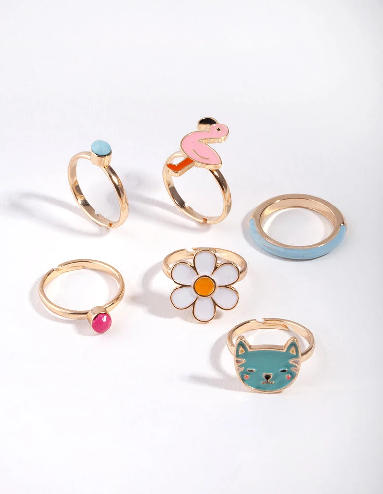 Kids Gold Cat & Flower Ring 6-Pack