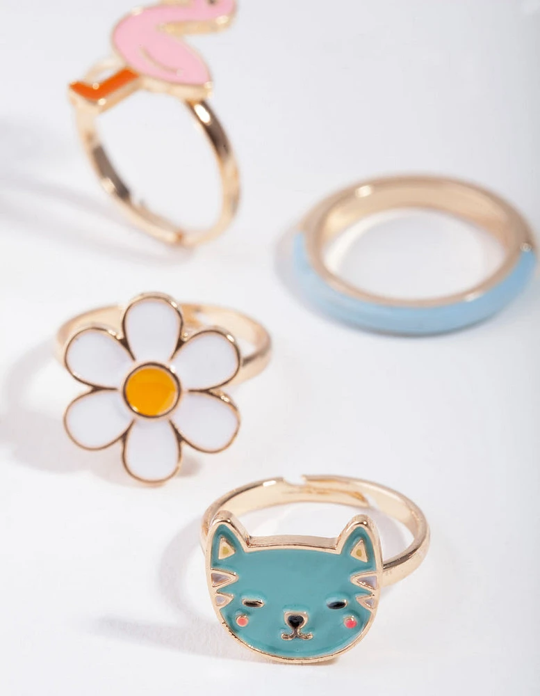 Kids Gold Cat & Flower Ring 6-Pack