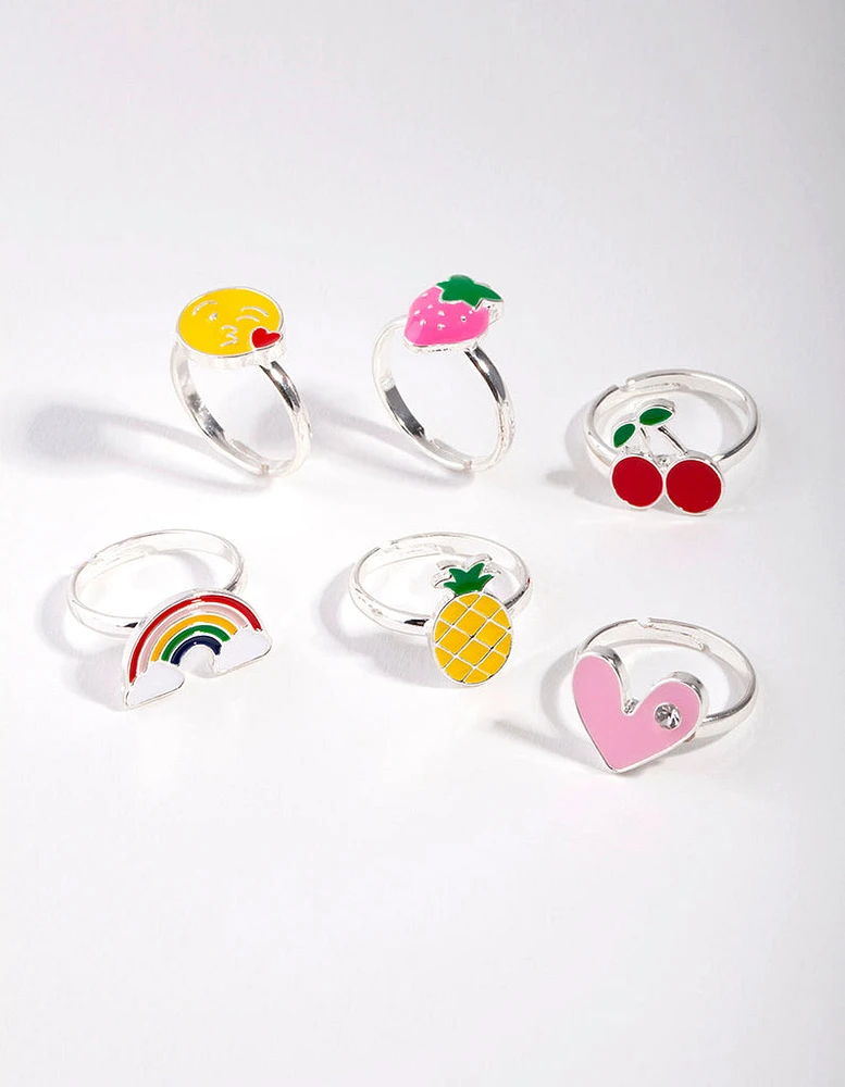 Kids Silver Fruity Rainbow Ring 6-Pack