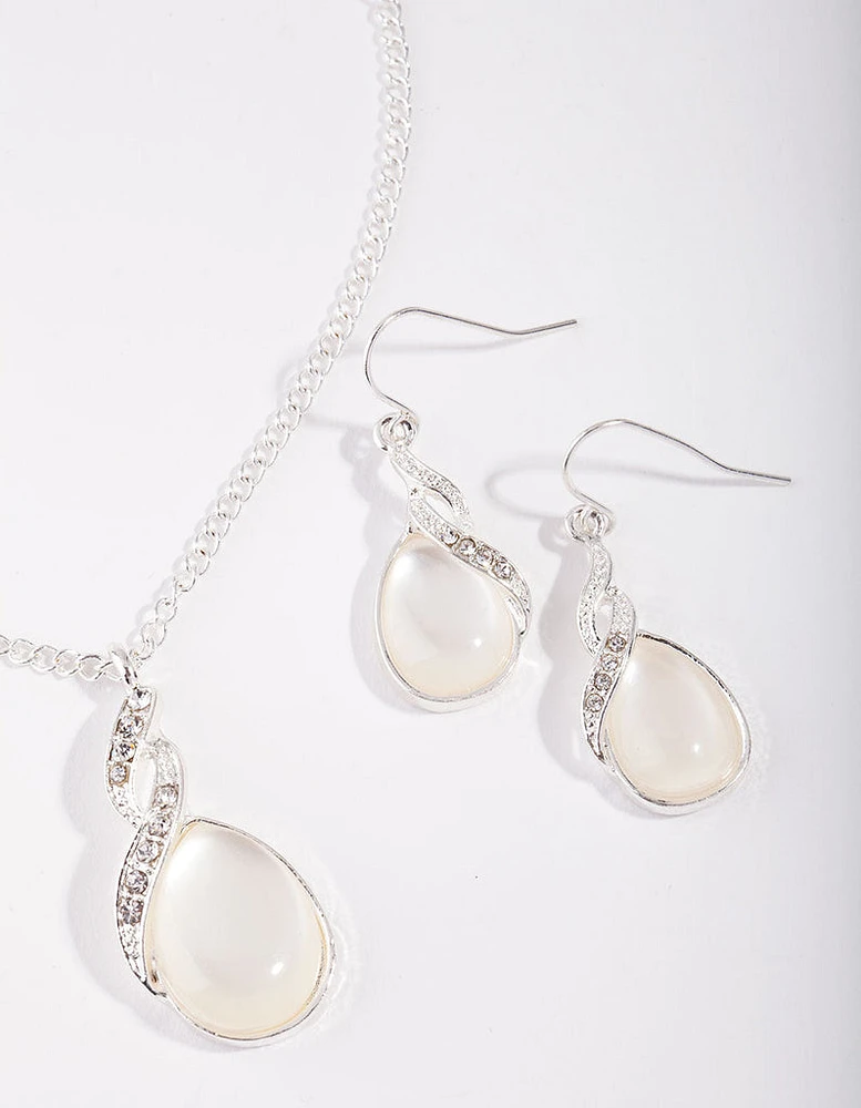 Silver Teardrop Cat Eye Necklace & Earrings Set