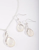 Silver Teardrop Cat Eye Necklace & Earrings Set