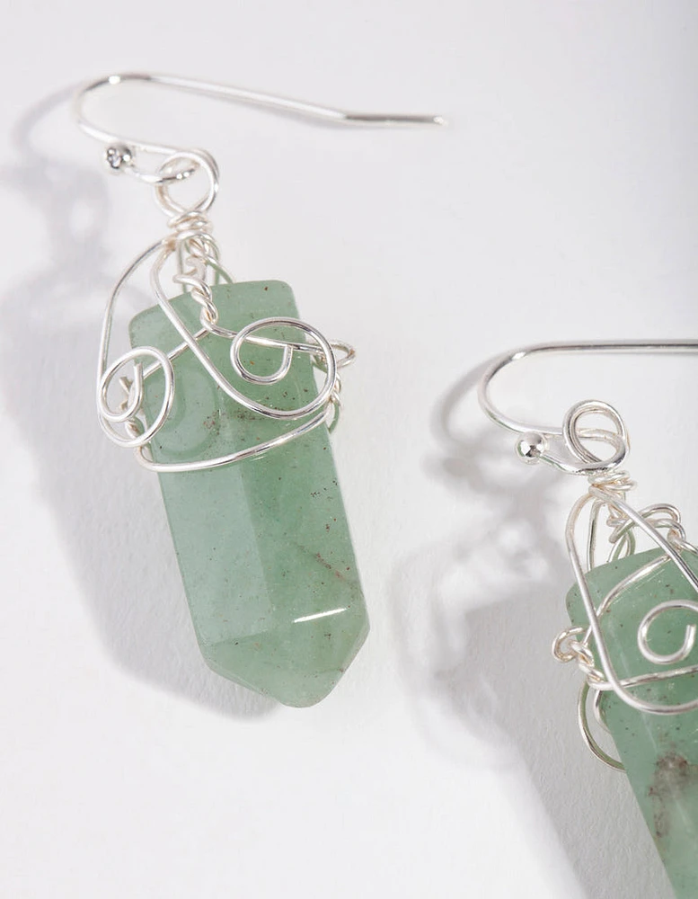 Silver Coil Wrap Green Stone Drop Earrings