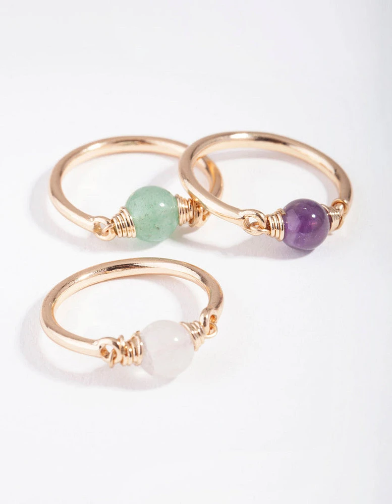 Gold Semi-Precious Sphere 3-Stack Ring