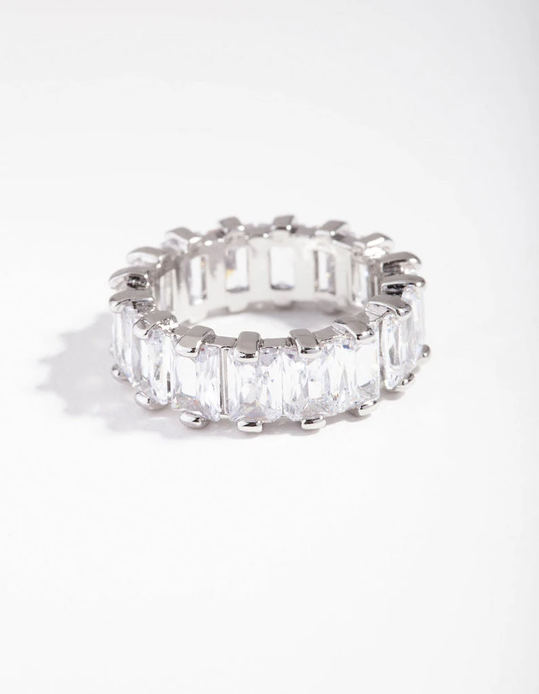 Rhodium Cubic Zirconia Rectangular Band Ring