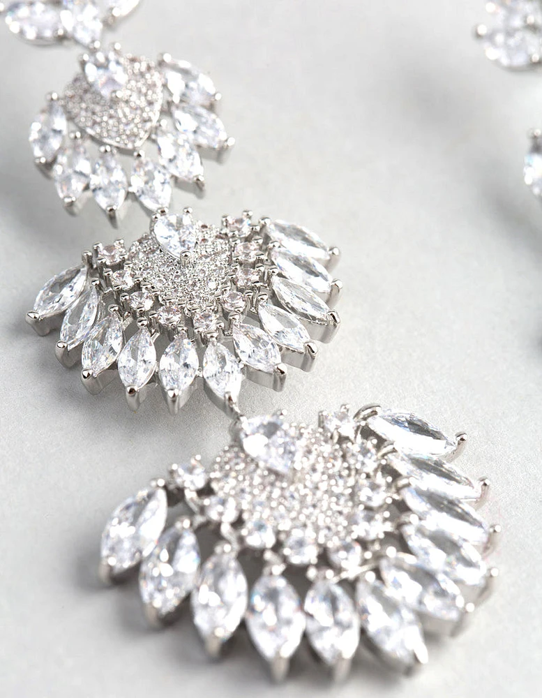 Rhodium Cubic Zirconia Statement Fan Drop Earrings