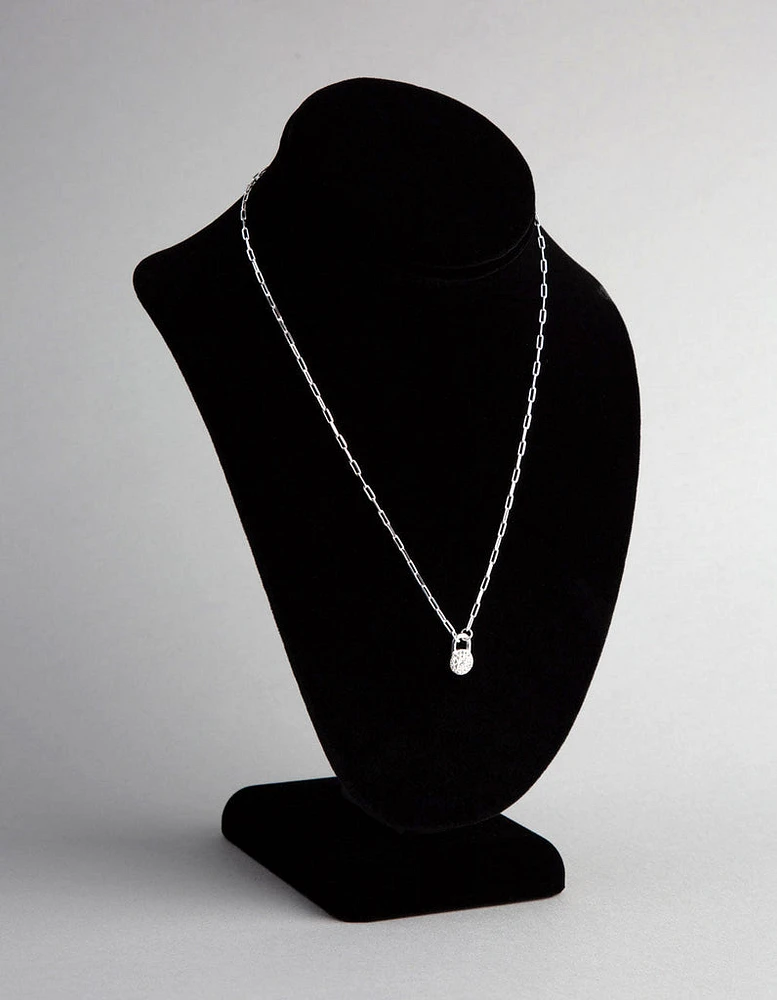 Sterling Silver Pave Padlock Oval Chain Necklace