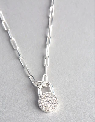 Sterling Silver Pave Padlock Oval Chain Necklace