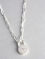 Sterling Silver Pave Padlock Oval Chain Necklace