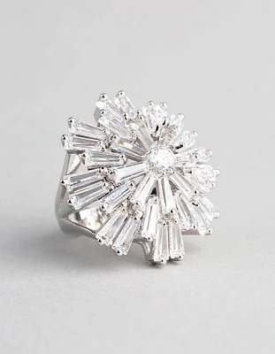 Rhodium Cubic Zirconia Statement Starbust Cocktail Ring